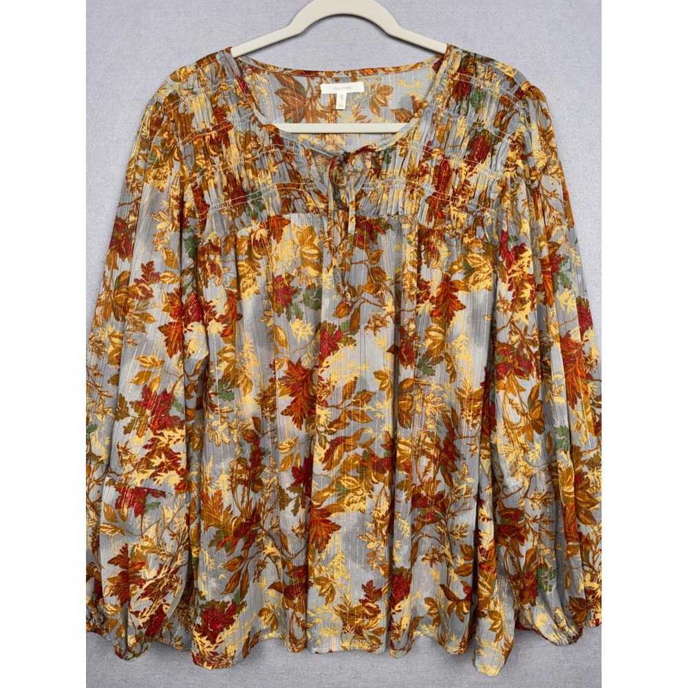 Maurices Blouse Womens 2X Metallic Stripe Floral Tie Neck Balloon Sleeve